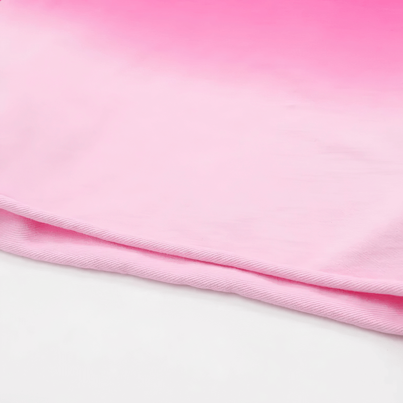 Close-up of pink gradient color cotton fabric used in an O-neck sports crop top, showcasing breathable and comfortable material.